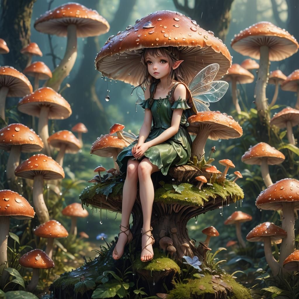Cute Fairy on Mushroom in Anime Style
