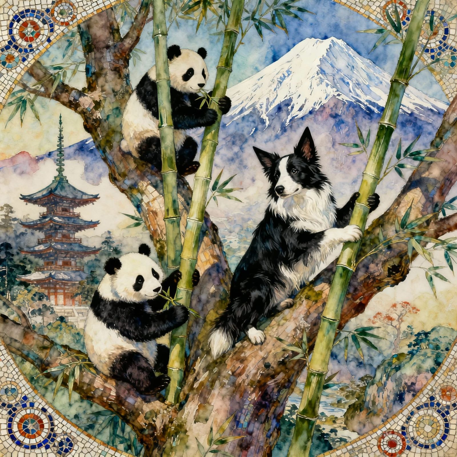 Pandas and Dog in Bamboo Forest with Pagoda