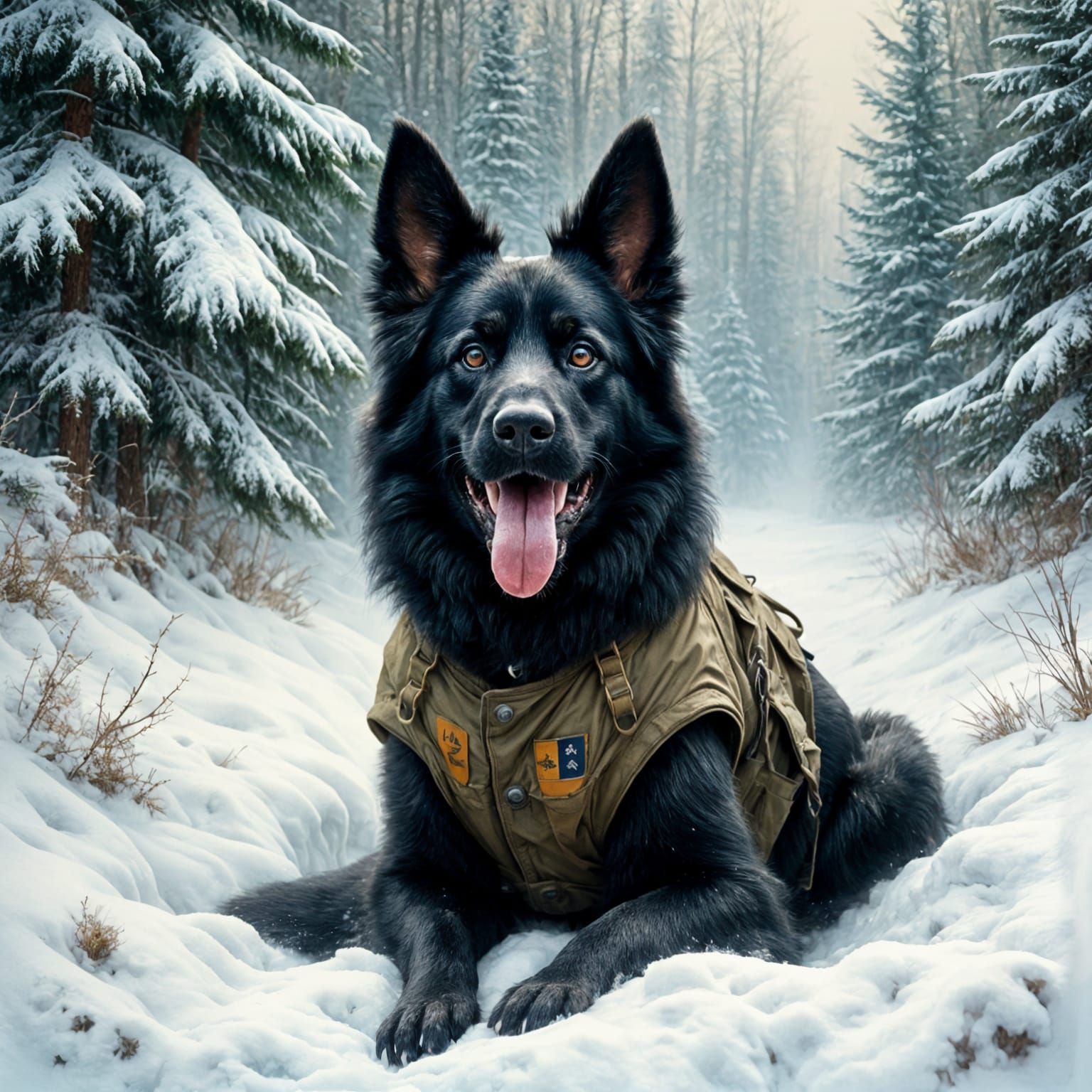 Cute German Shepherd in Snowy Military Gear