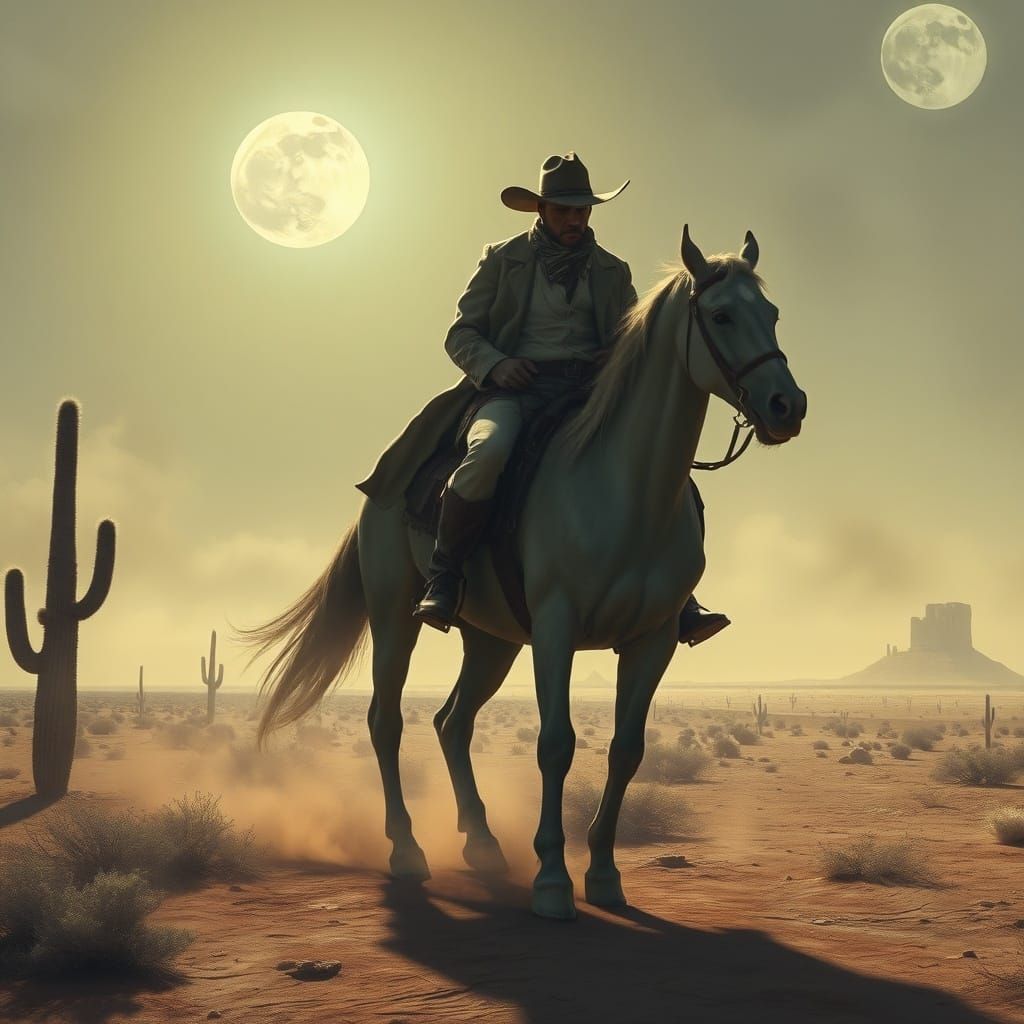 Ethereal Cowboy Rides Spectral Steed Under Twin Moons