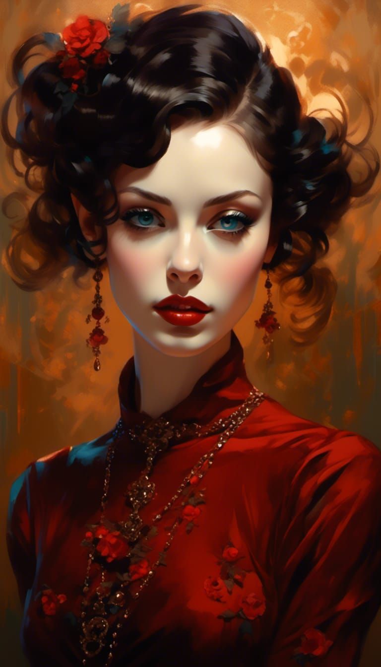 Elegant Woman in Floral Dress, Fantasy Cartoon Style