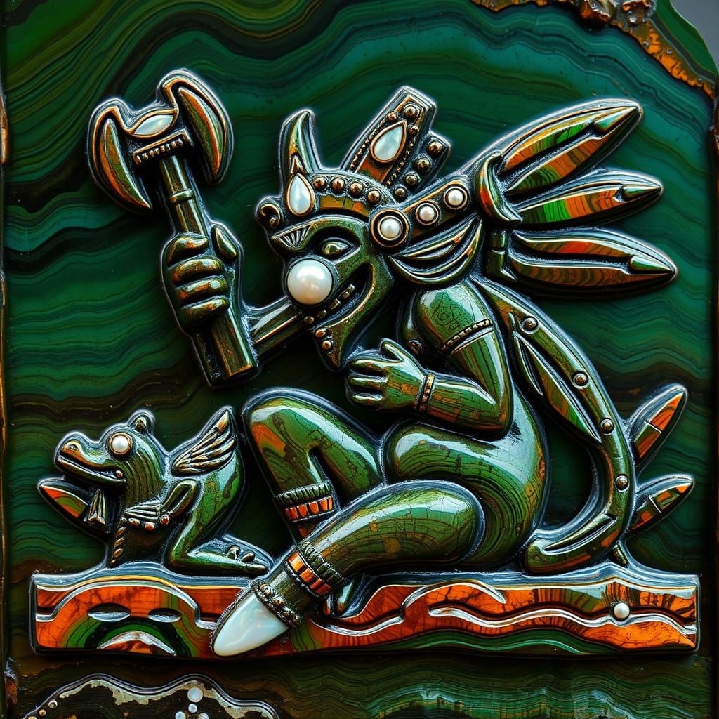 Ammolite Aztec Sacrifice Relief Carving