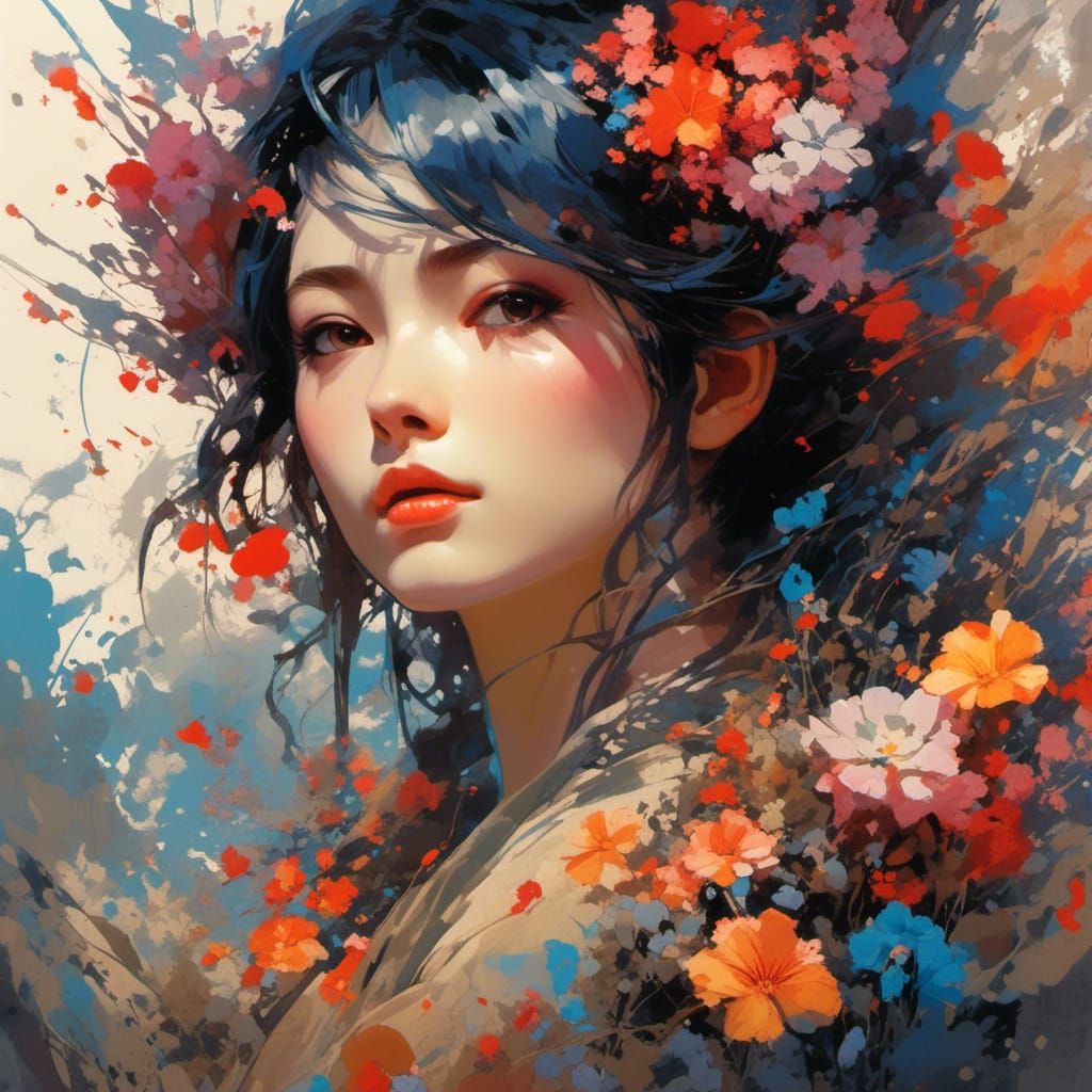 Irish Girl in Flower Meadow, Digital Watercolor Art