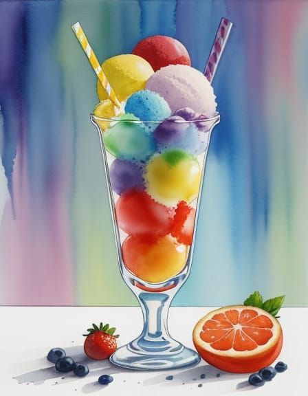 Rainbow Sorbet Ice Cream Watercolor in Parfait Glass