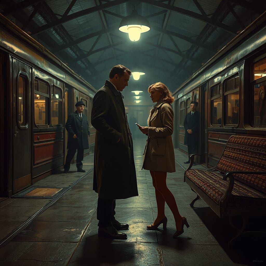Clandestine Meeting at Soviet Train Station in Noir Style
