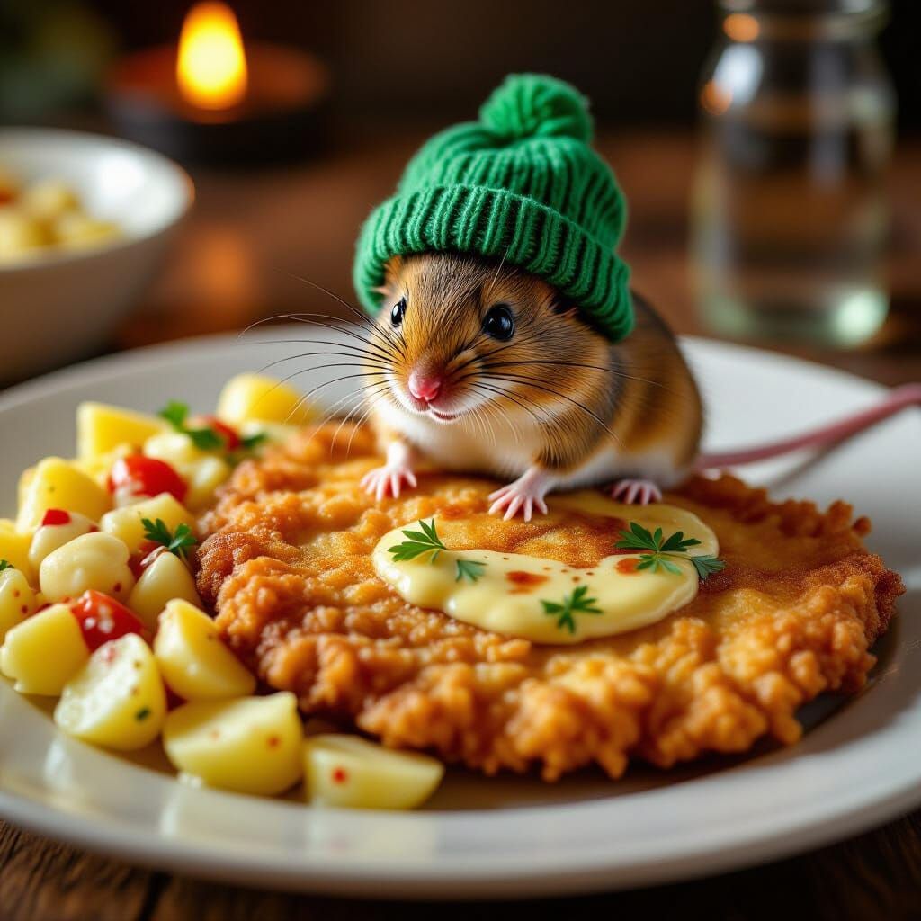 Mouse in Green Cap Sits on Wiener Schnitzel and Potato Salad