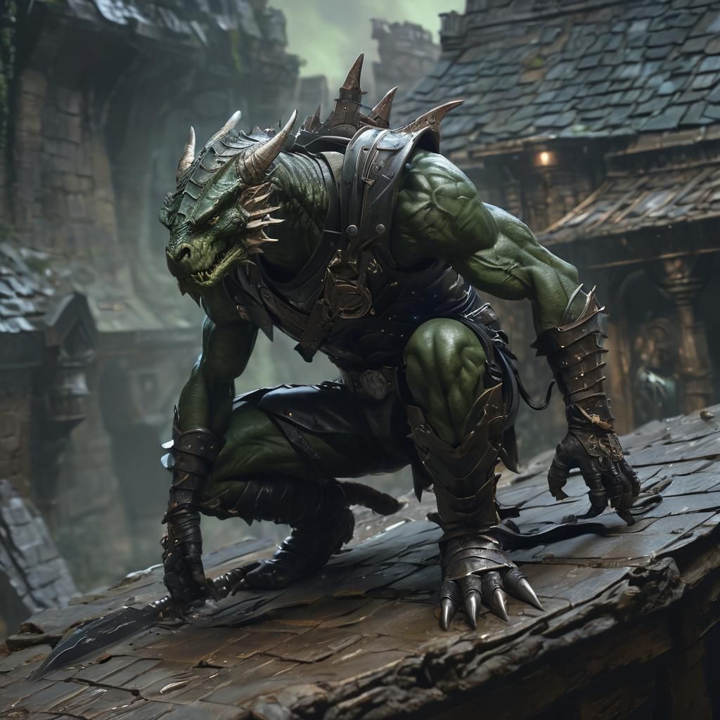 Green Dragonborn Rogue in a Dark Dungeon