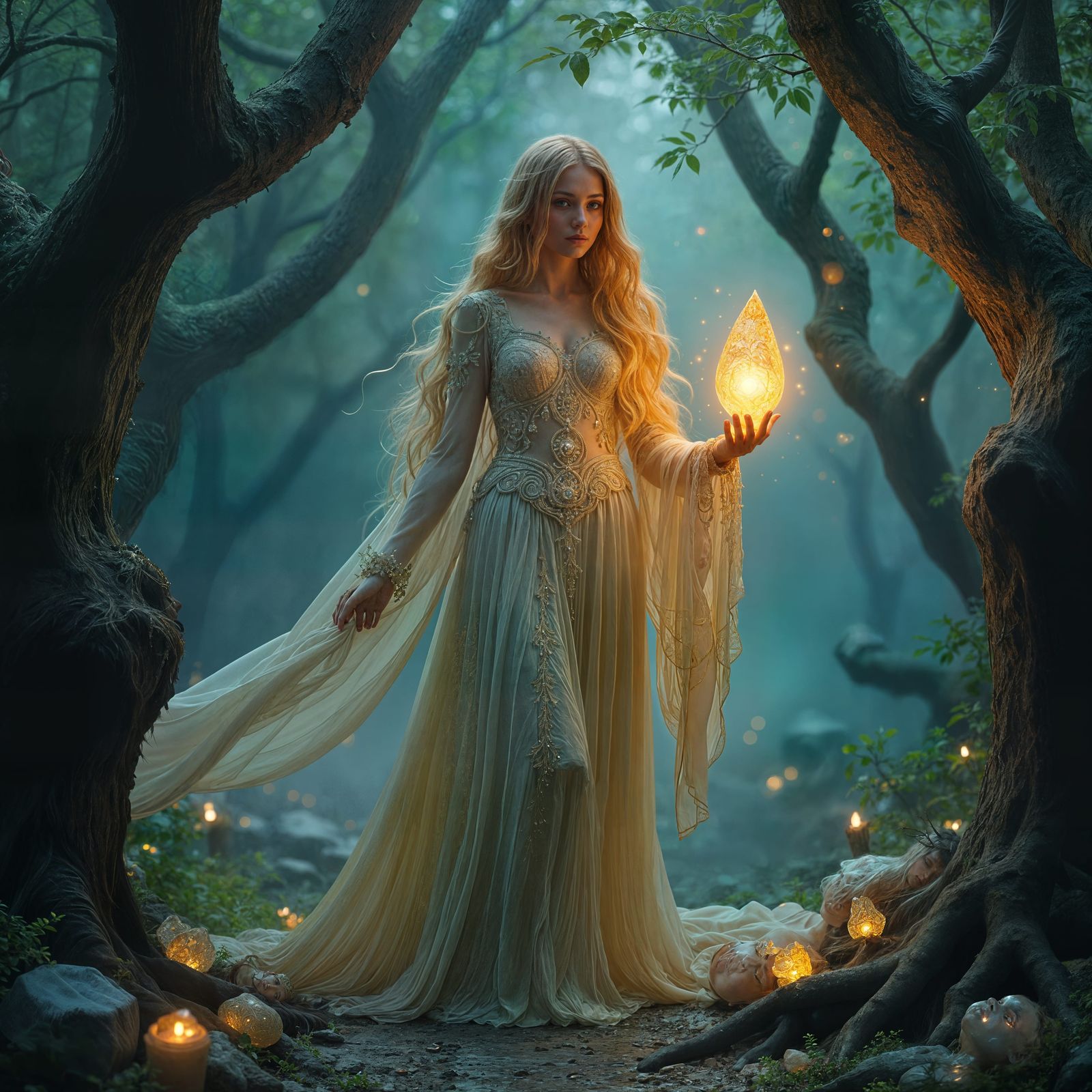 Sorceress in Enchanted Grove: Art Nouveau Digital Art