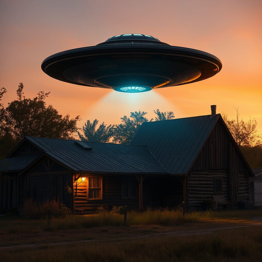 UFO Hovers Over Farmhouse in Hyperrealistic Scene