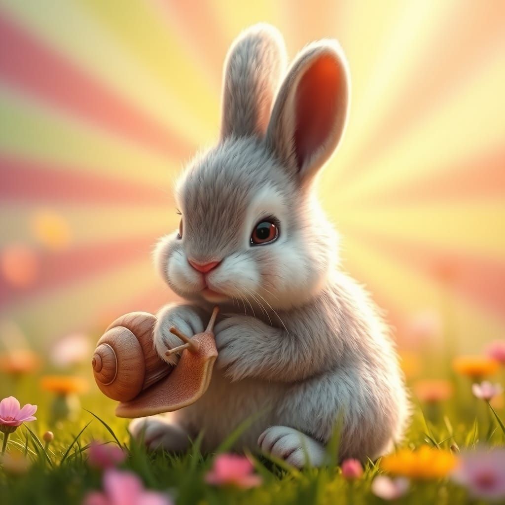 Bunny Pets Snail in Sunny Meadow: 3D Rendered Art