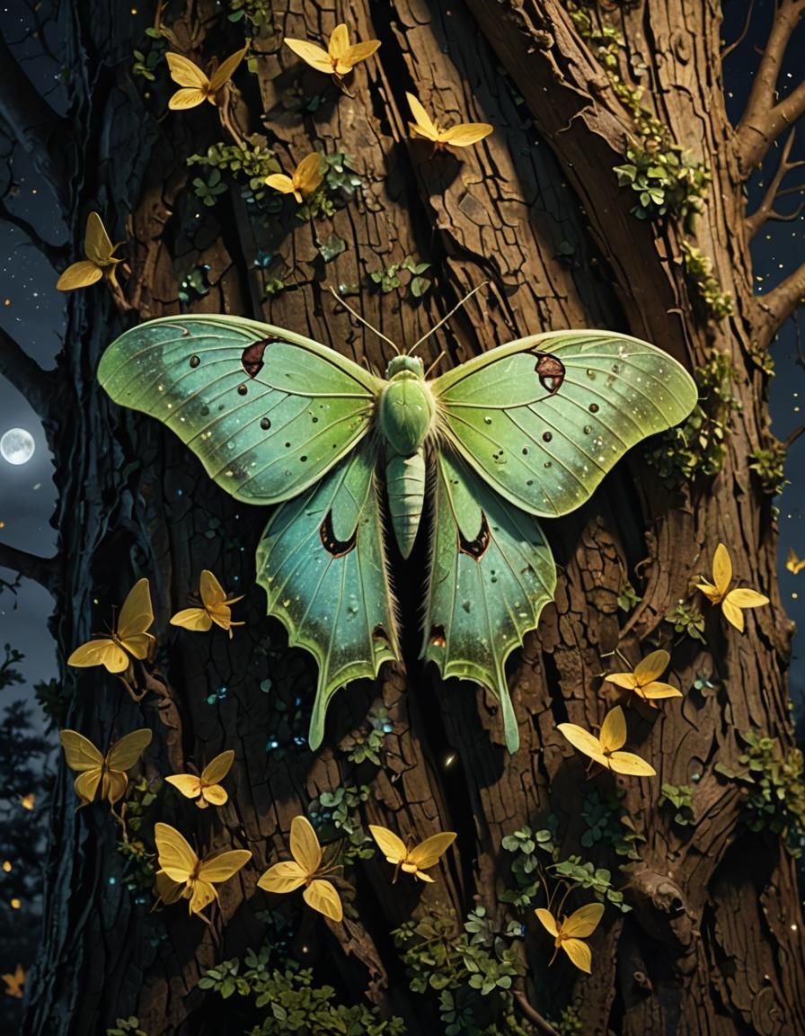 Lunar Moth at Night in Detailed Matte Painting