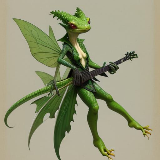 A green gecko with fairy wings. fantasy core