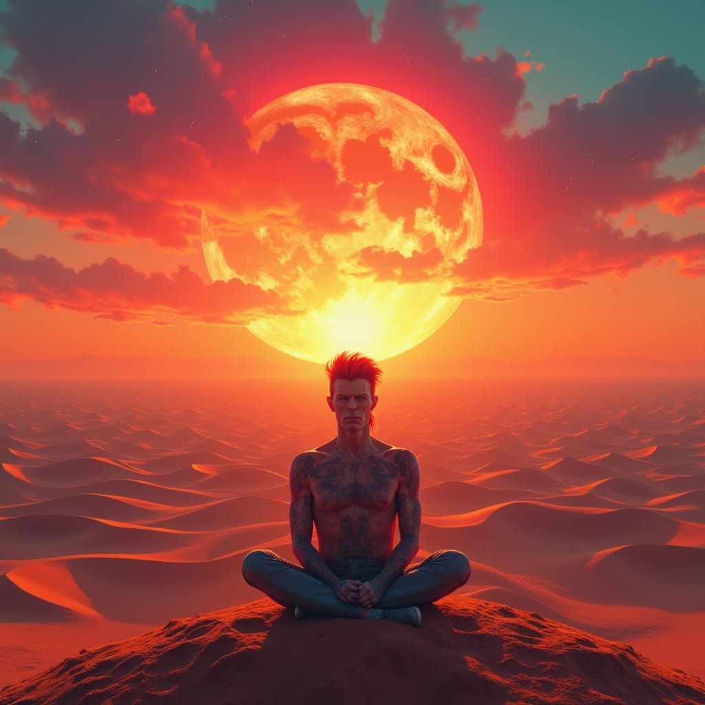 Crimson Desert Sunset with David Bowie Figure