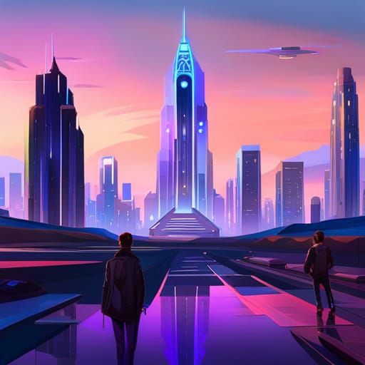 Futuristic Cityscape at Dusk in Retro-Futurism Style