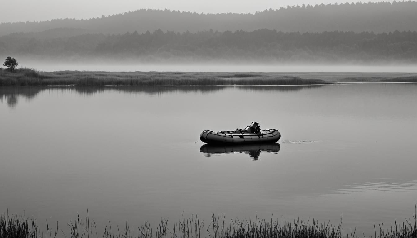 Lonely Boat on Grassy Islands in Grayscale