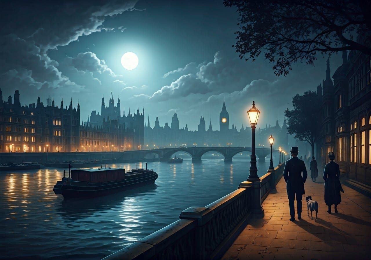 Victorian London Night Scene Under Moonlight