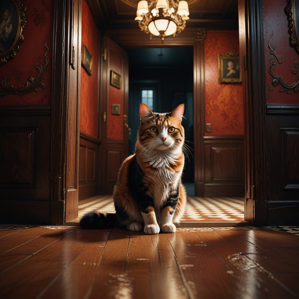 Giant Calico Cat in Red Room, Surreal Dreamlike Photorealism