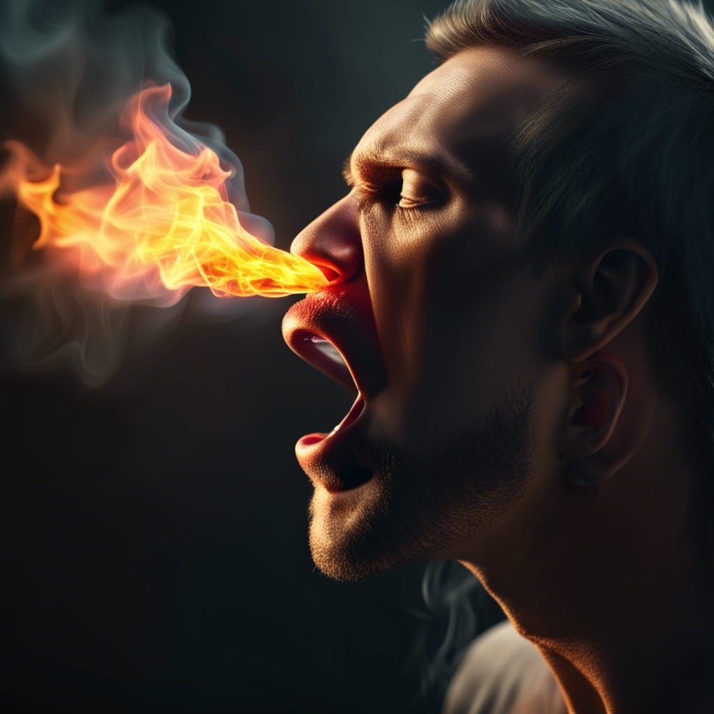 Photorealistic Man Breathing Fire in 4K