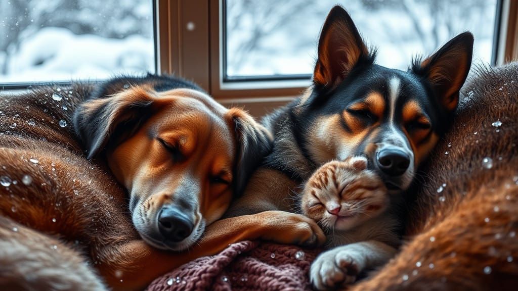 Winter's Peaceful Moment with Canine and Feline Friends