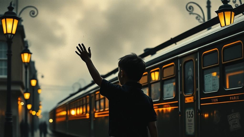 Boy Waving at Train in Steampunk Ink Painting
