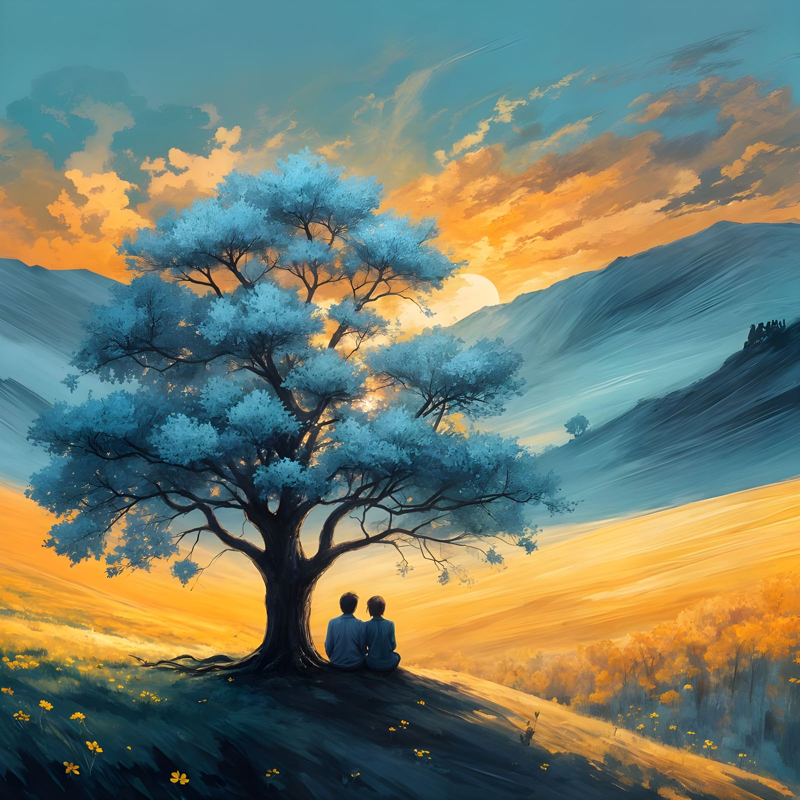 Silhouette of People Under a Blue Blossom Tree