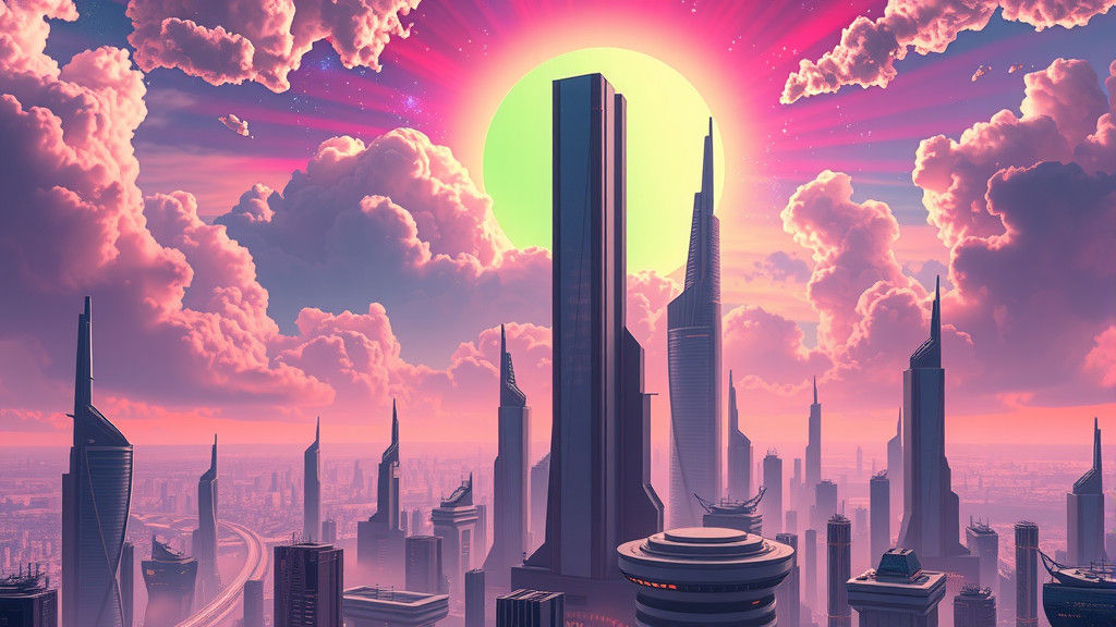Futuristic Cityscape with Levitating Buildings and Cosmic Cl...
