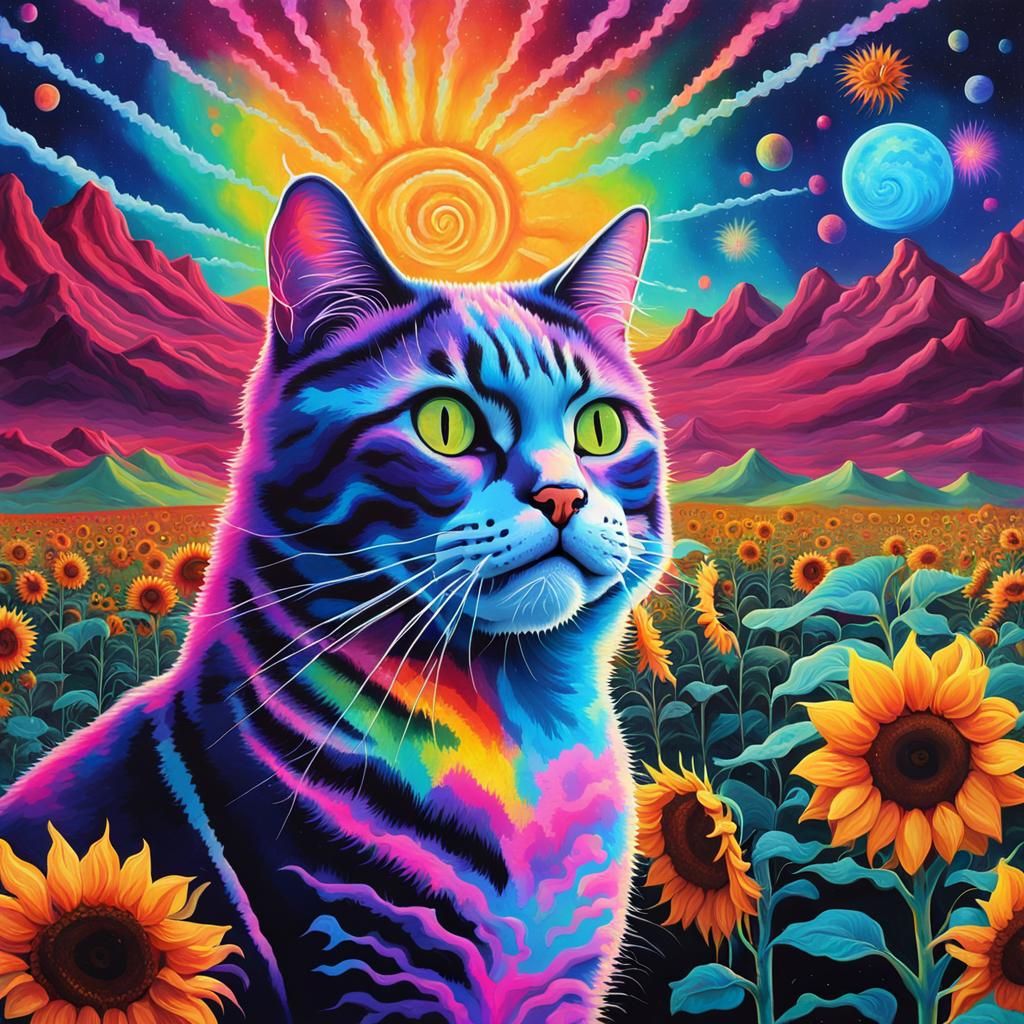 Surreal Cat in Starry Electric Tie-Dye Wonderland