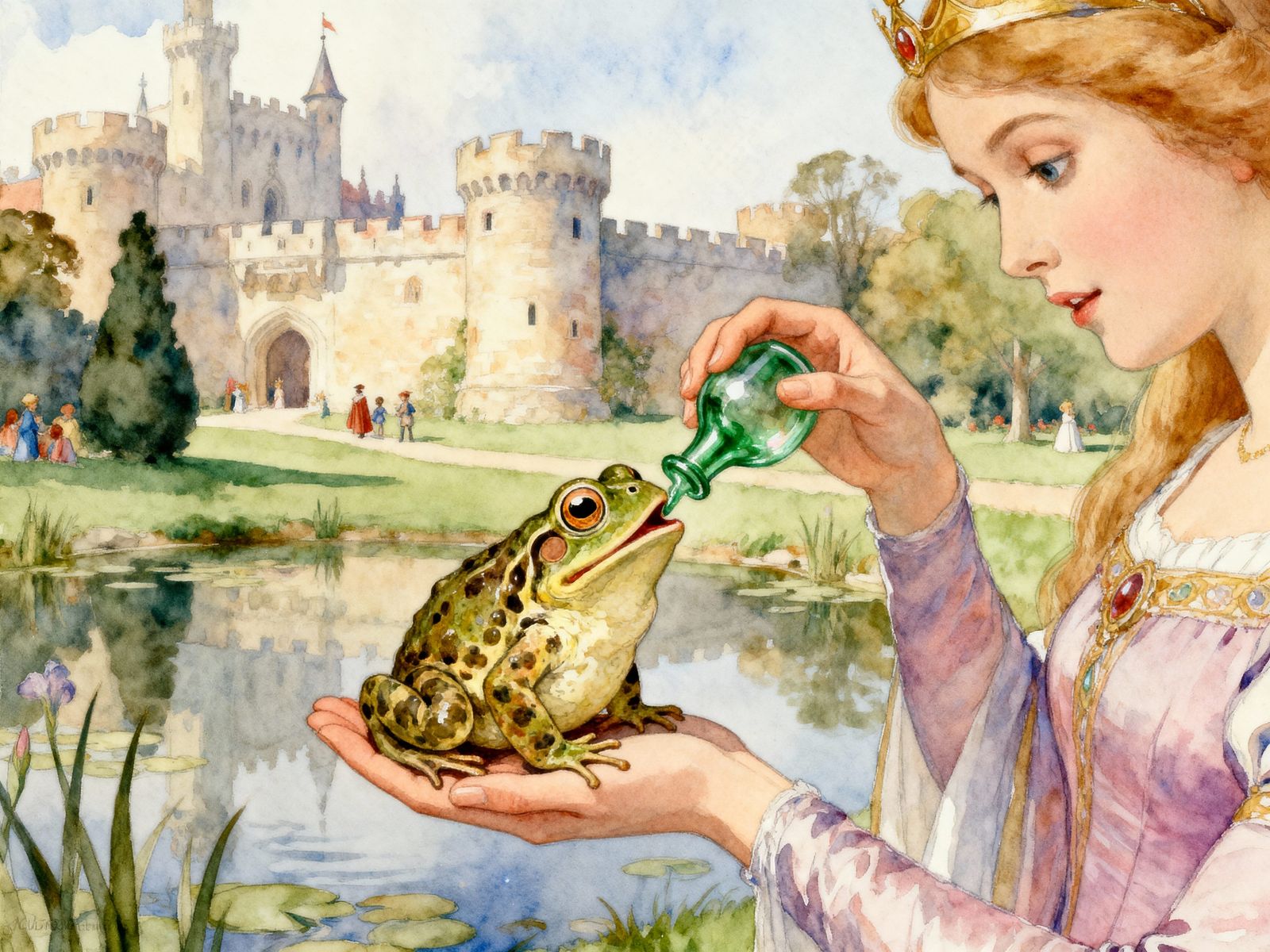 Princess Offers Potion to Toad in Fairytale Castle Park