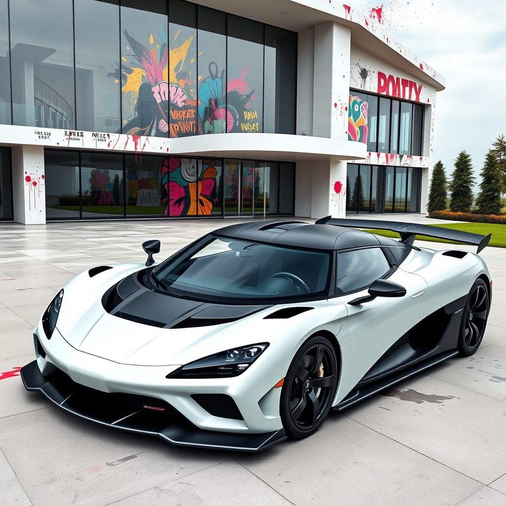 Sleek Koenigsegg Jesko in Front of Futuristic Mansion with G...