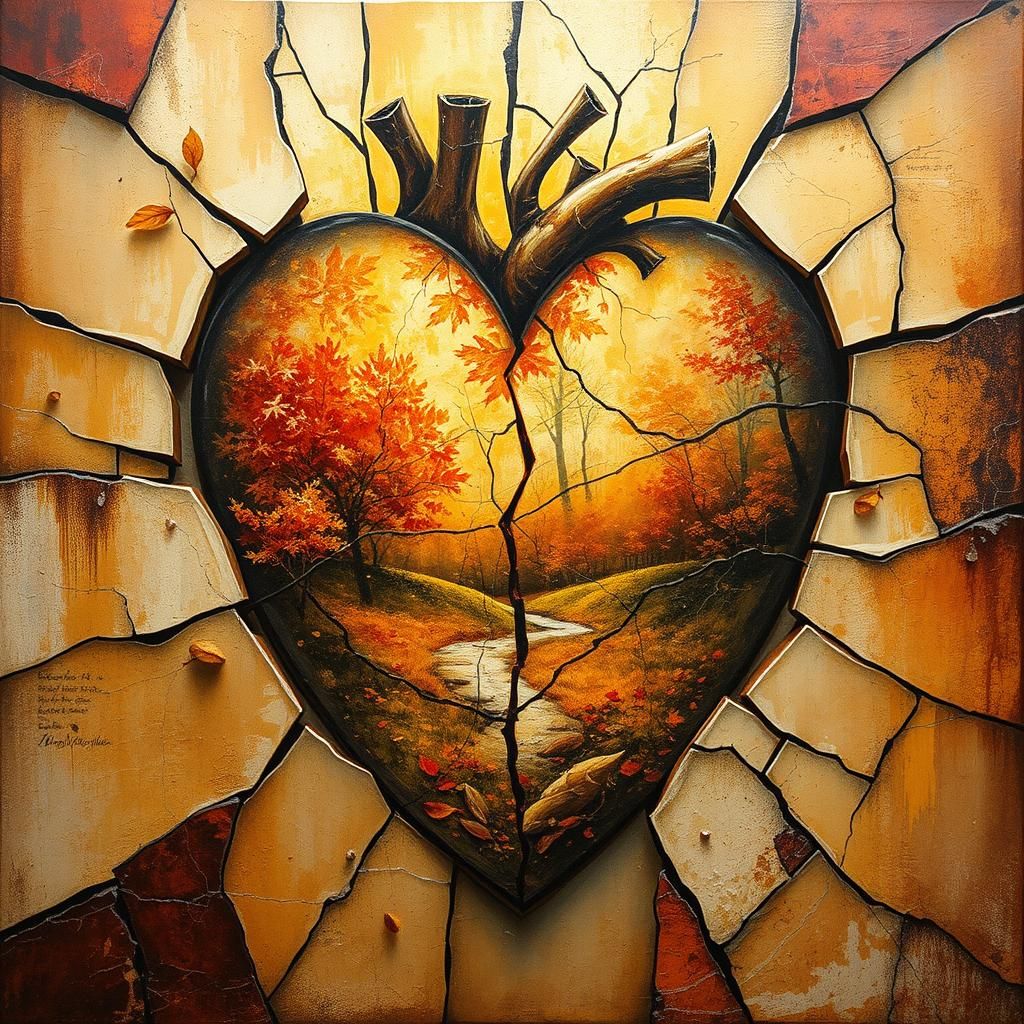 a unique abstract artwork of a broken heart, Autumn scenes a...