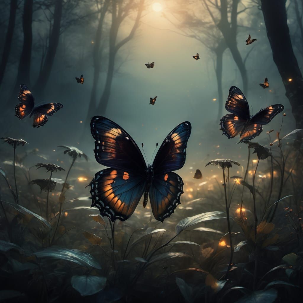 Ethereal Black Butterflies Emerge from Glade in Twilight