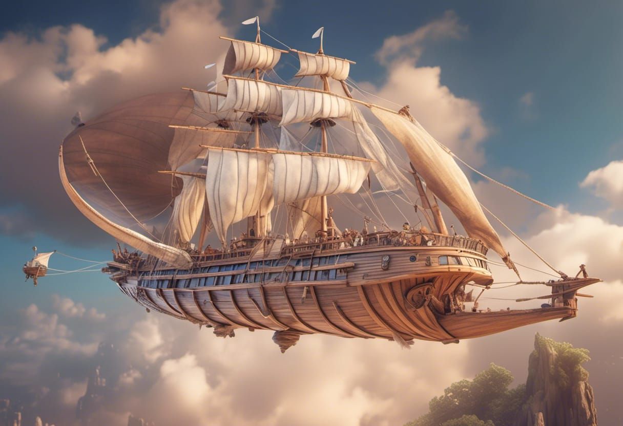 Hyperrealistic Elven Airship with Sails and Masts