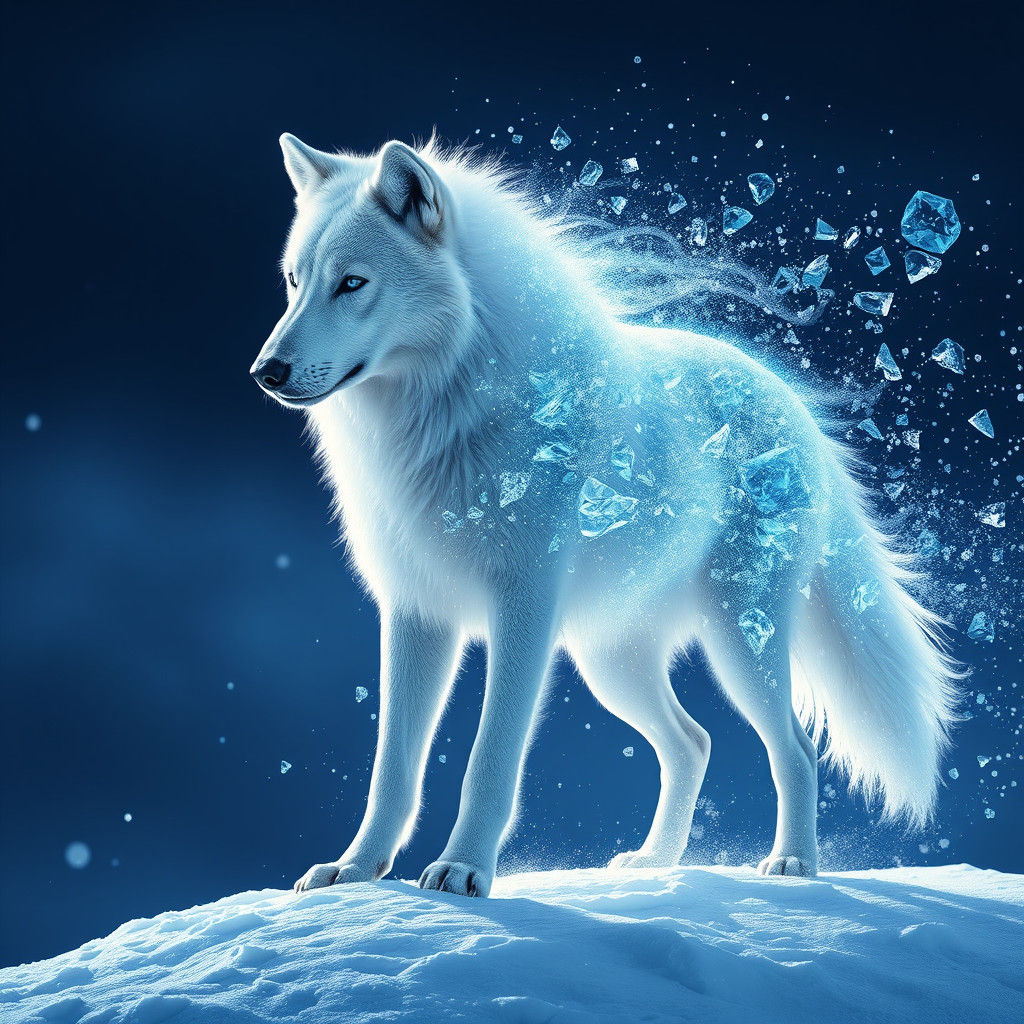 Majestic White Wolf Disintegrates into Blue-Ice Energy in a....