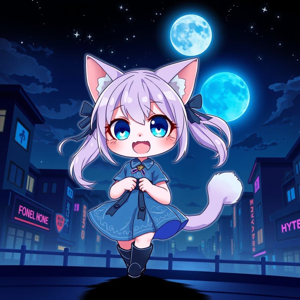 Cute Anime Catgirl Dances Under Neon City Lights
