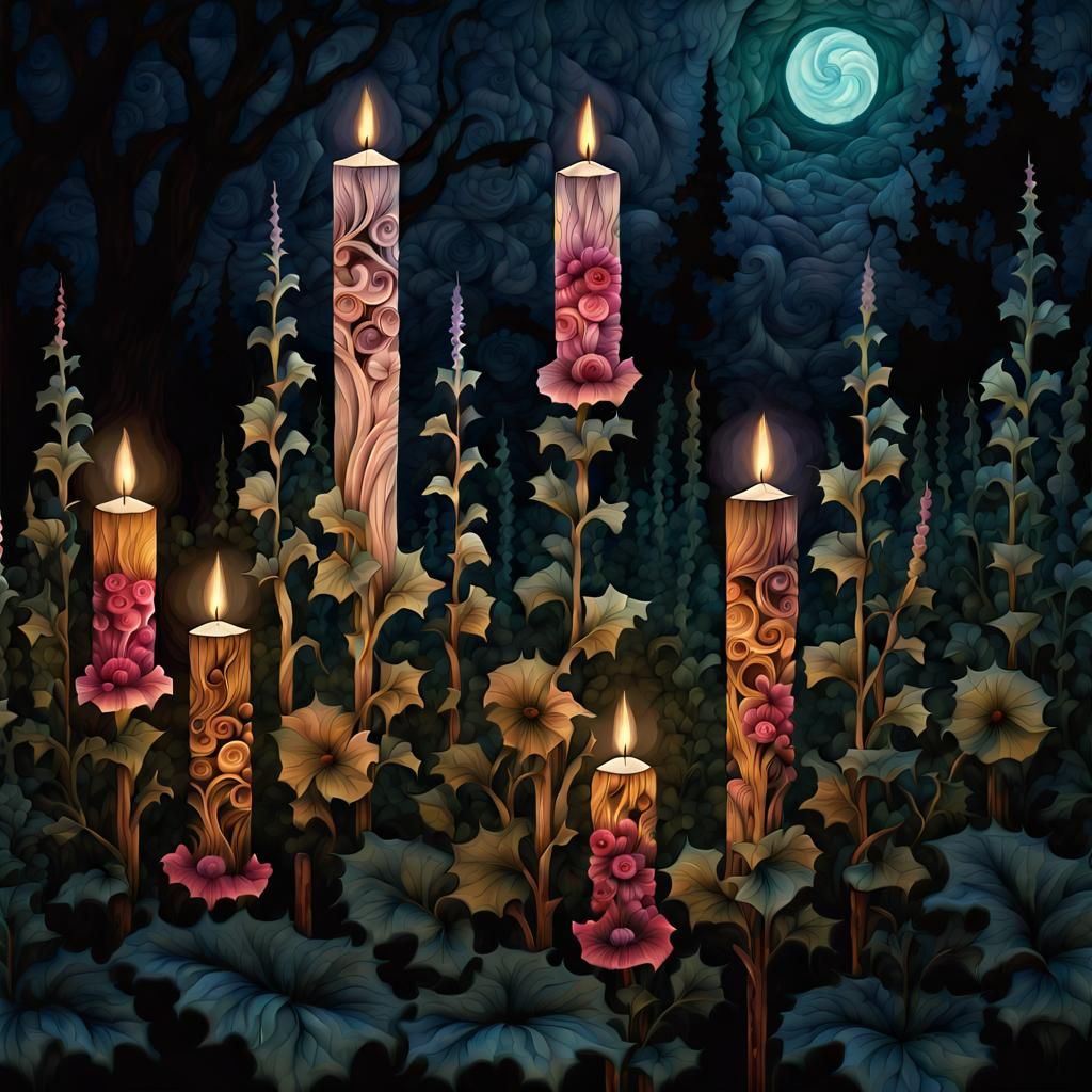 Hollyhocks and Candles Tapestry with Woodcarving Details