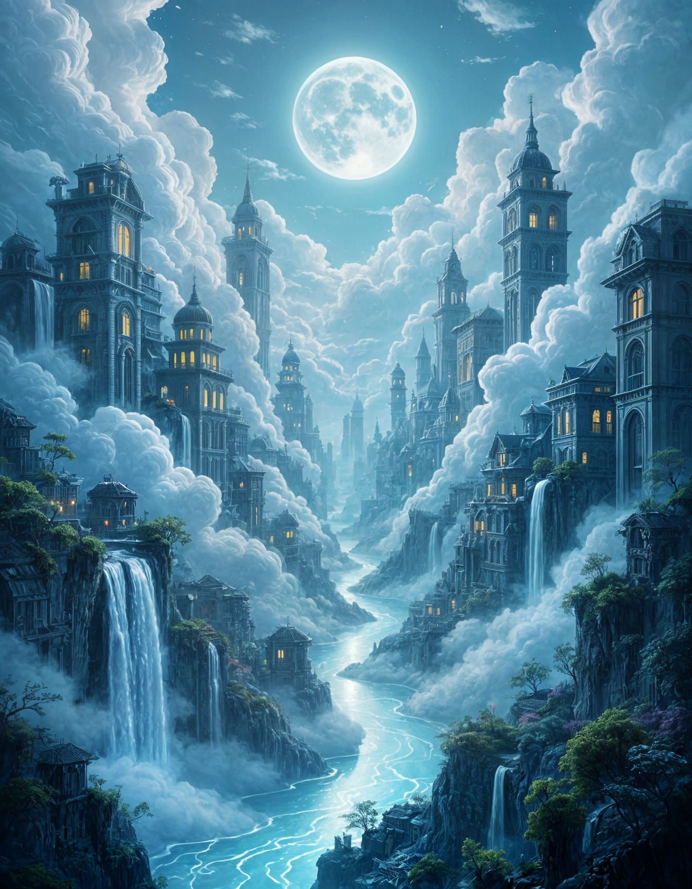 Surreal Cloud City Illuminated by Liquid Moonlight