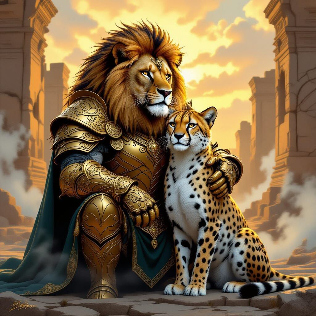 Lion in Gold Armor Holds Wolf-Bodied Cheetah