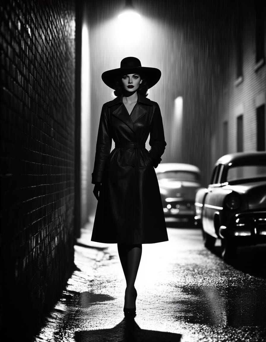 Film Noir Woman in a 1950s Street Scene