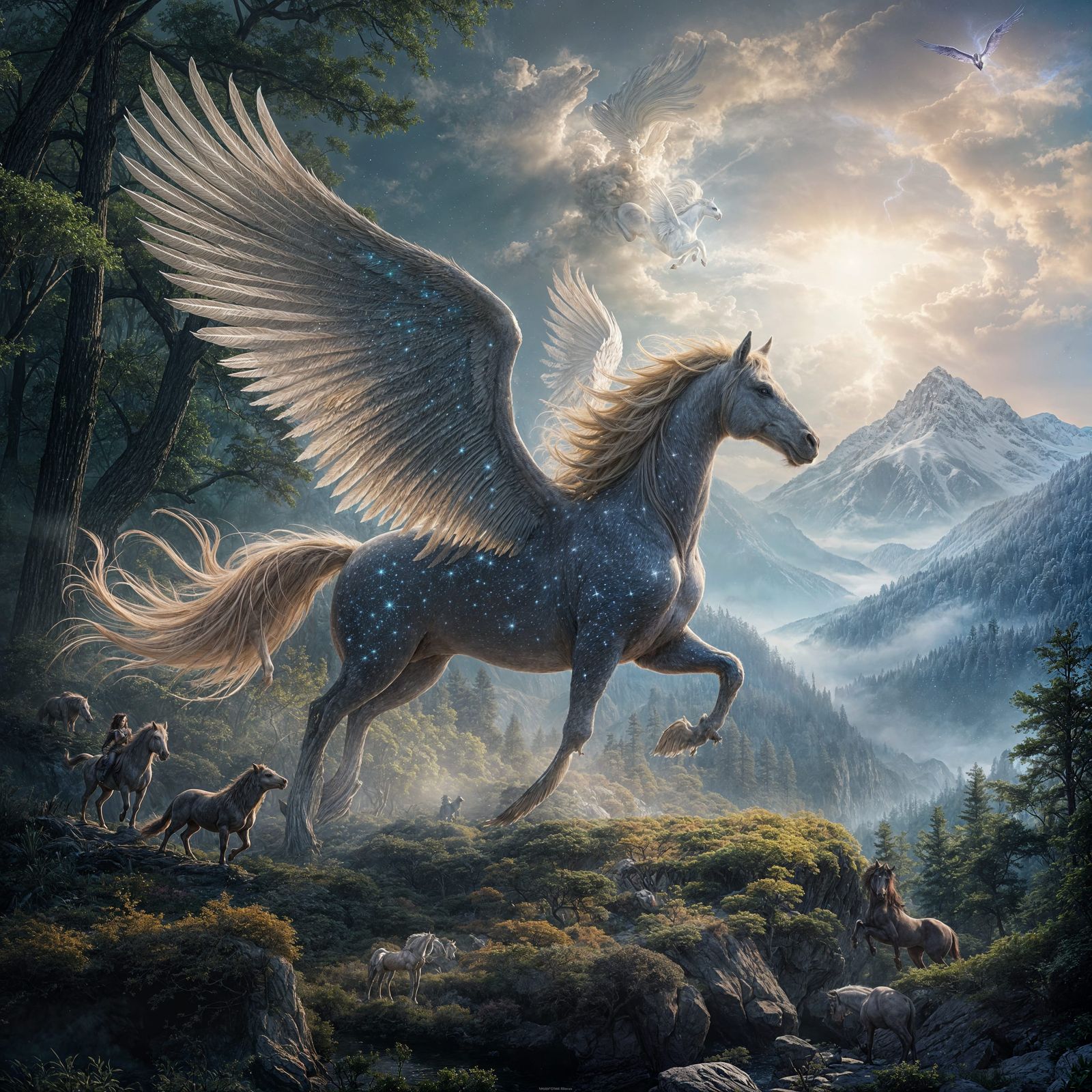 Nebula-Winged Pegasus in Mystical Forest