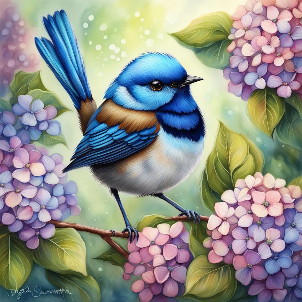 Sparkling Fairy Wren with Hydrangeas by Olga Shvartsur