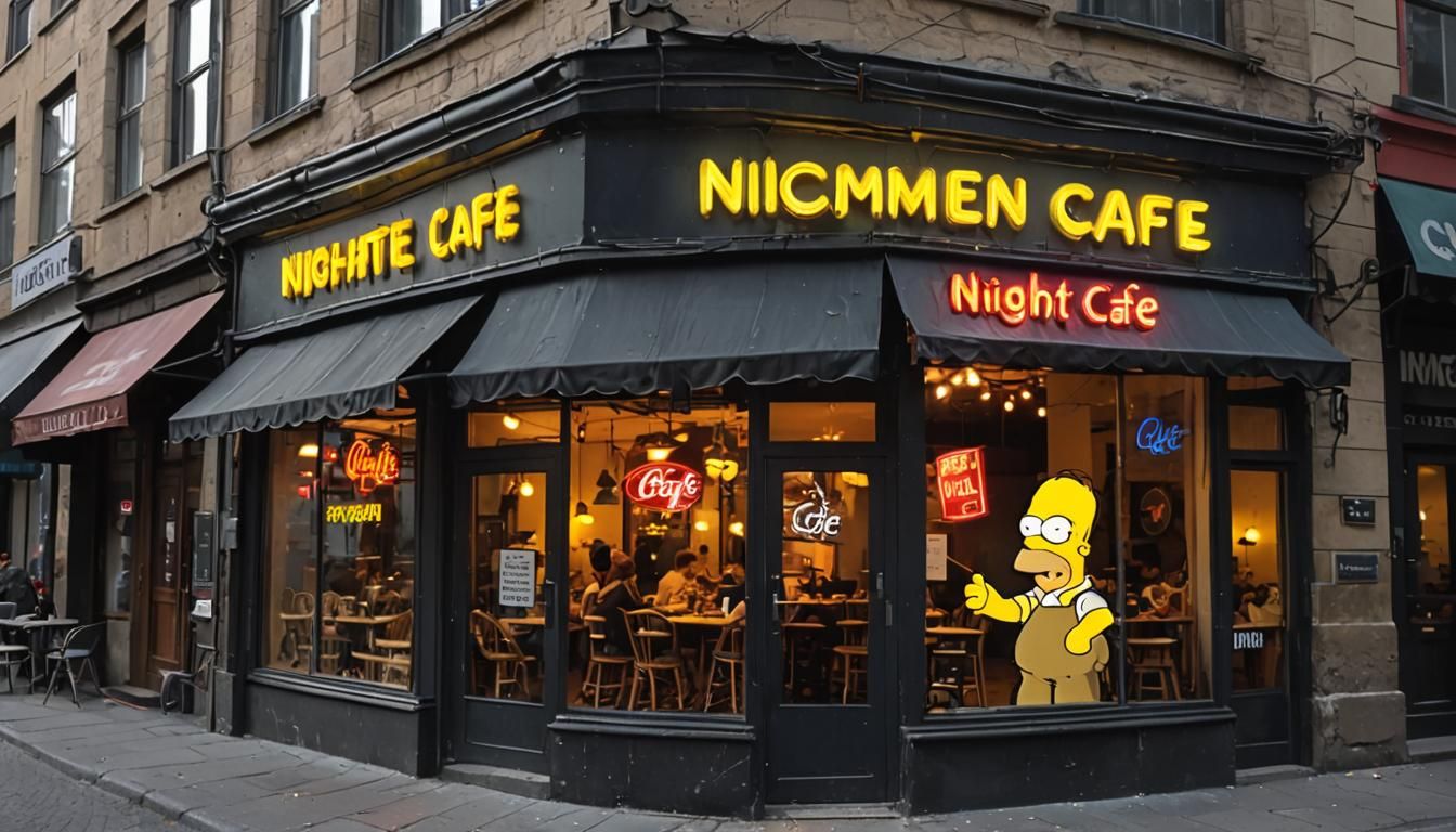 Flickering Neon Sign "Night Cafe", In the window of a Cafe. ...