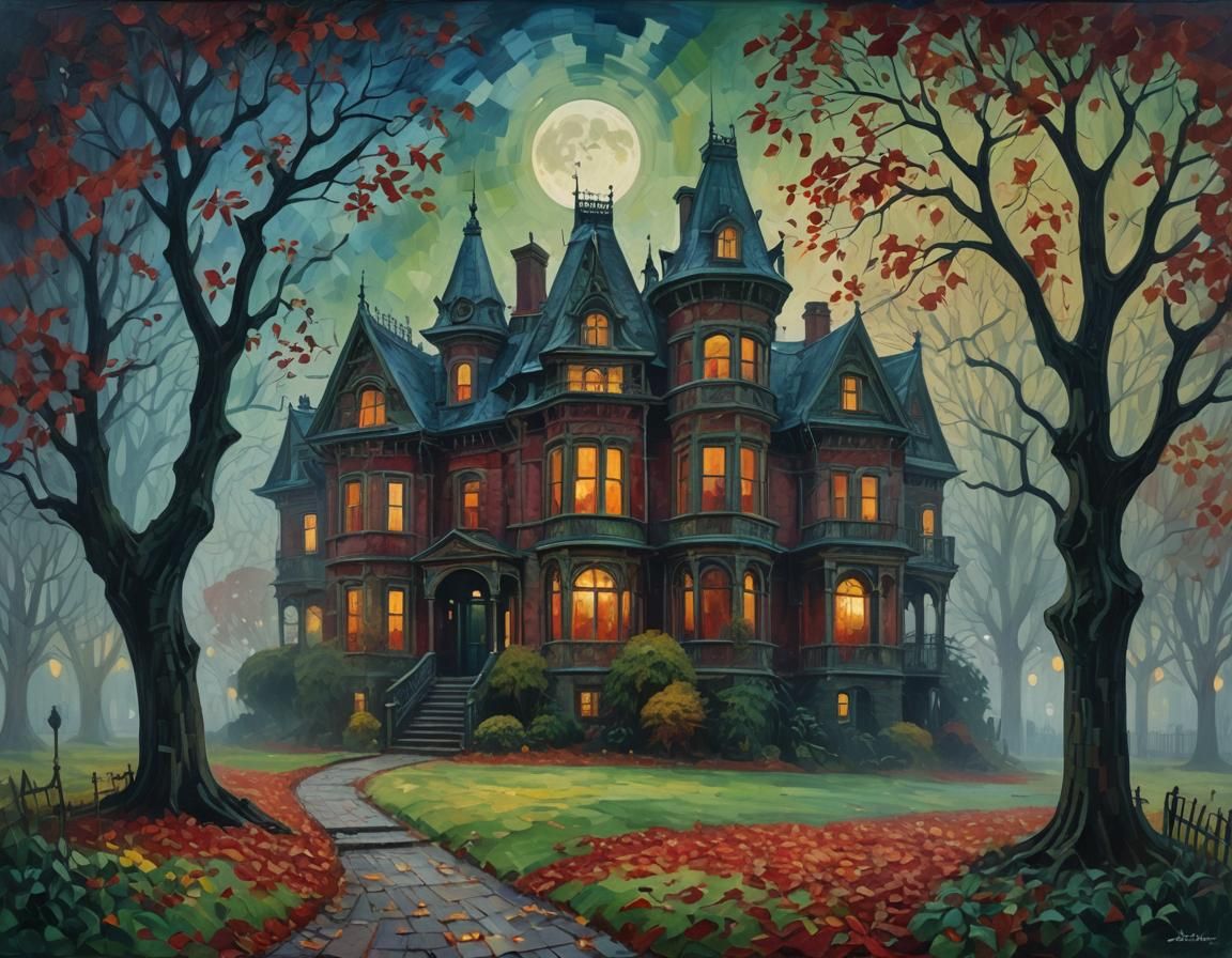 Eerie Victorian Mansion in Neo-Impressionist Style