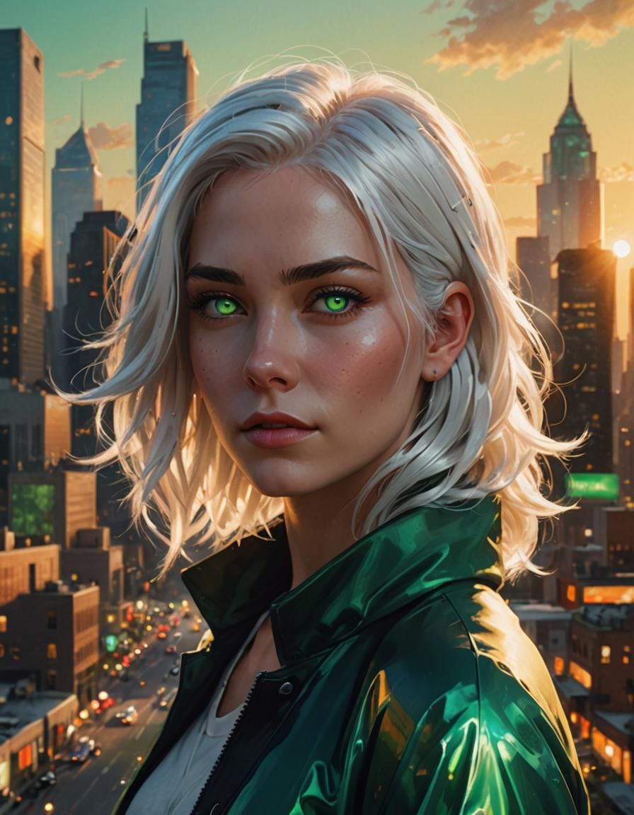 Young Woman with White Hair and Emerald Eyes