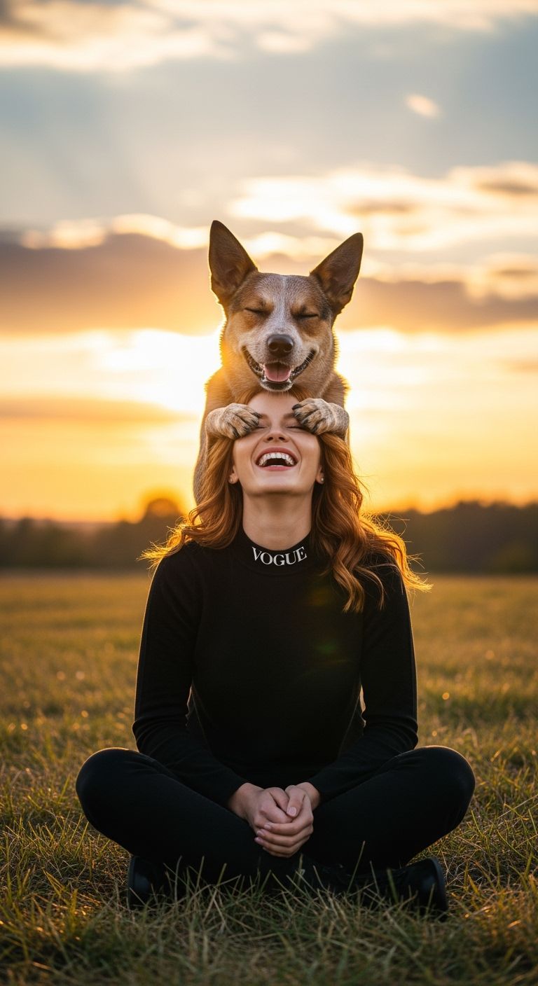 Woman Laughs with Dog at Sunset, 8k Photo