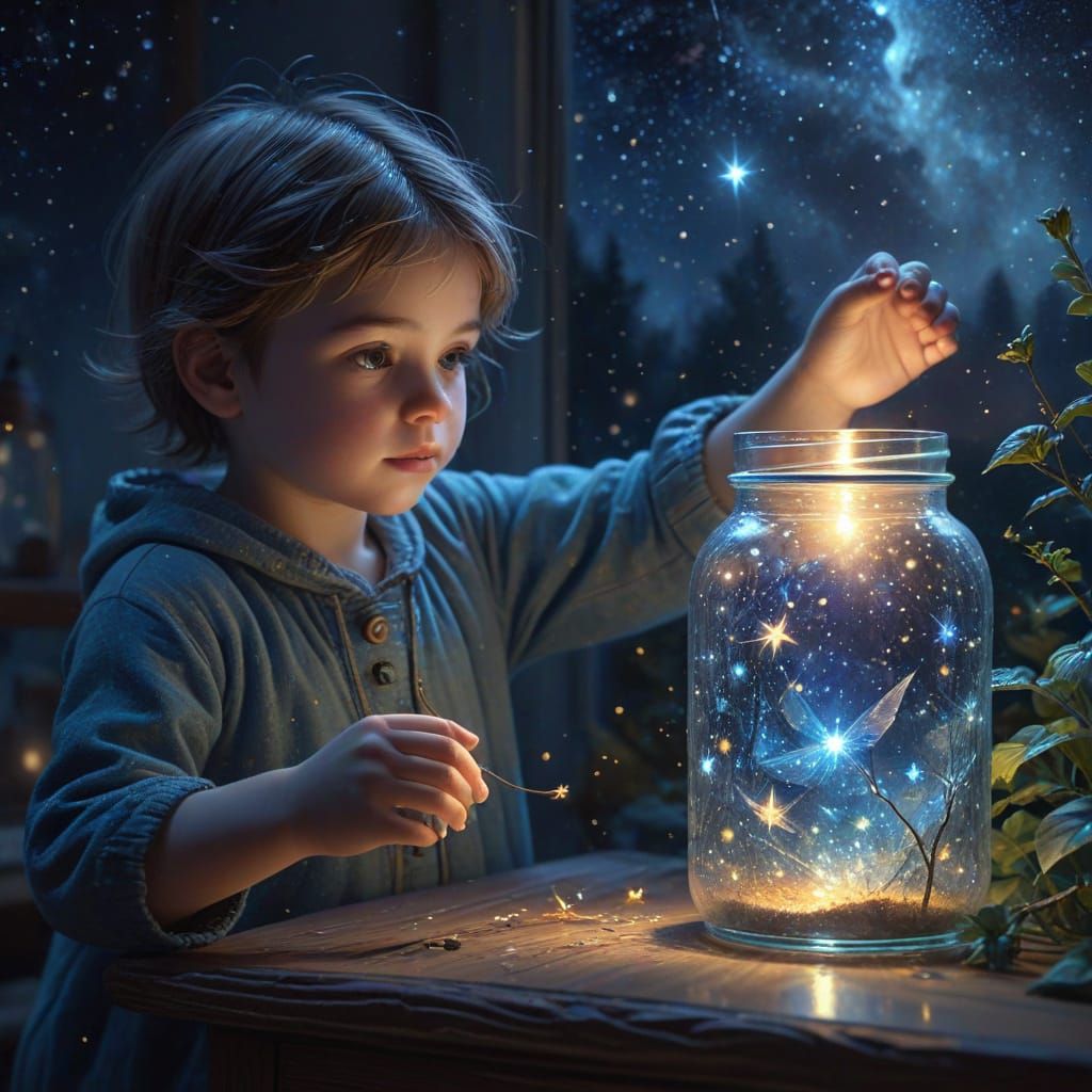 Child Captures Starlight in Jar: Oil Painting