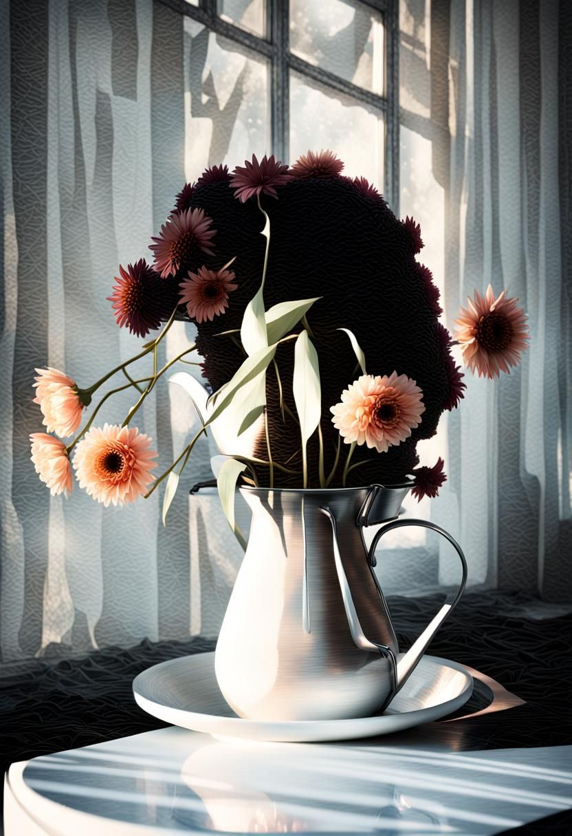 Dry Flowers in Copper Bucket by Window