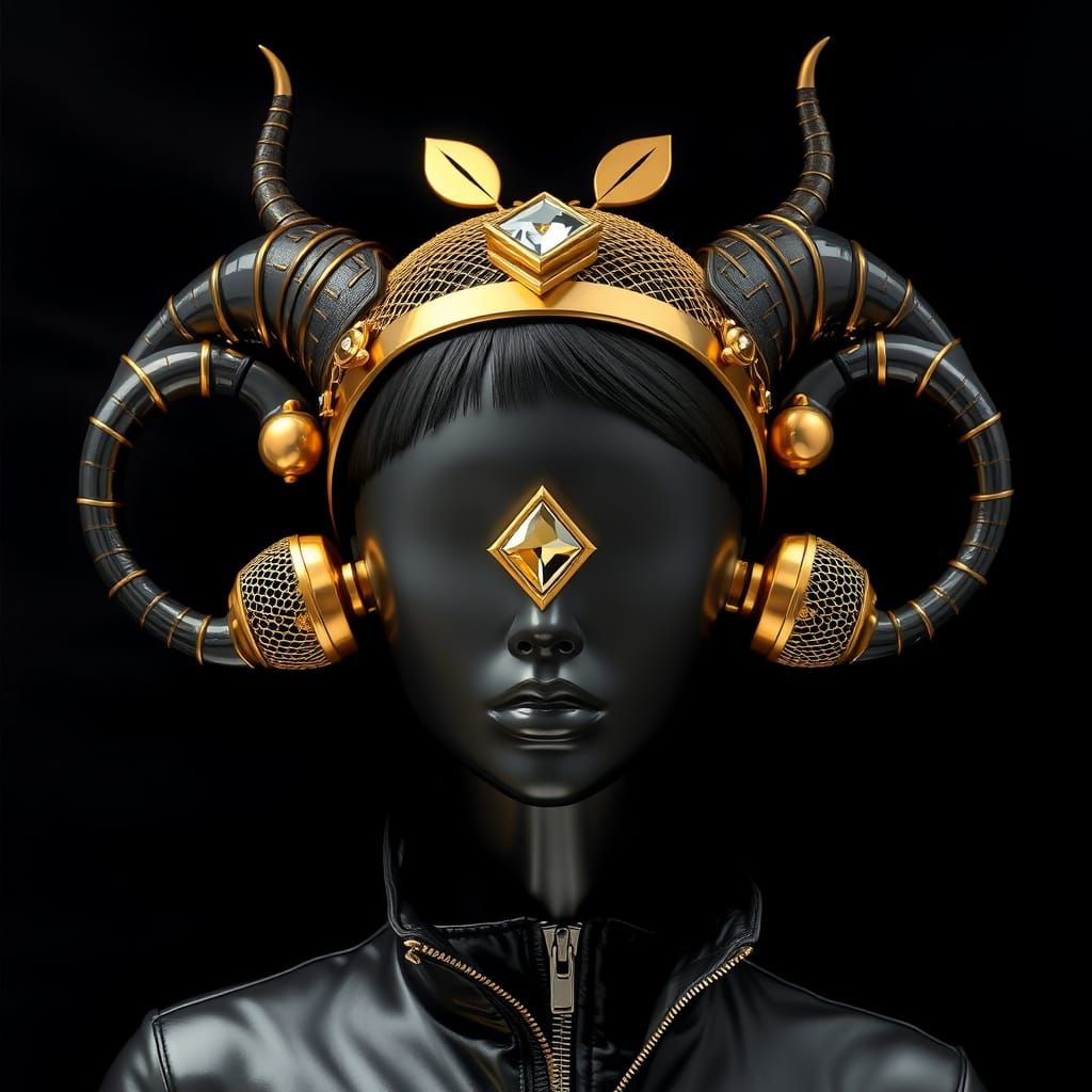 The image features a striking black and silver mannequin hea...