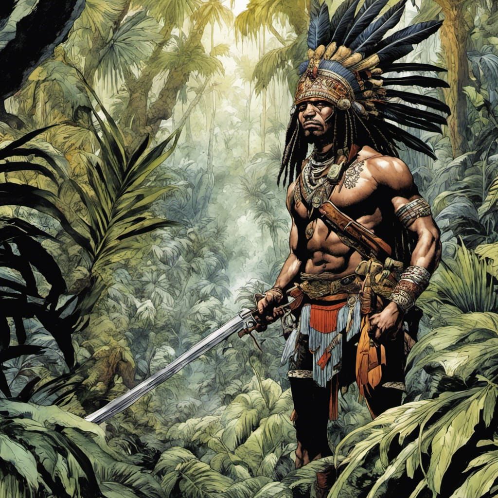 Aztec Warrior in Jungle with Flintlock Musket