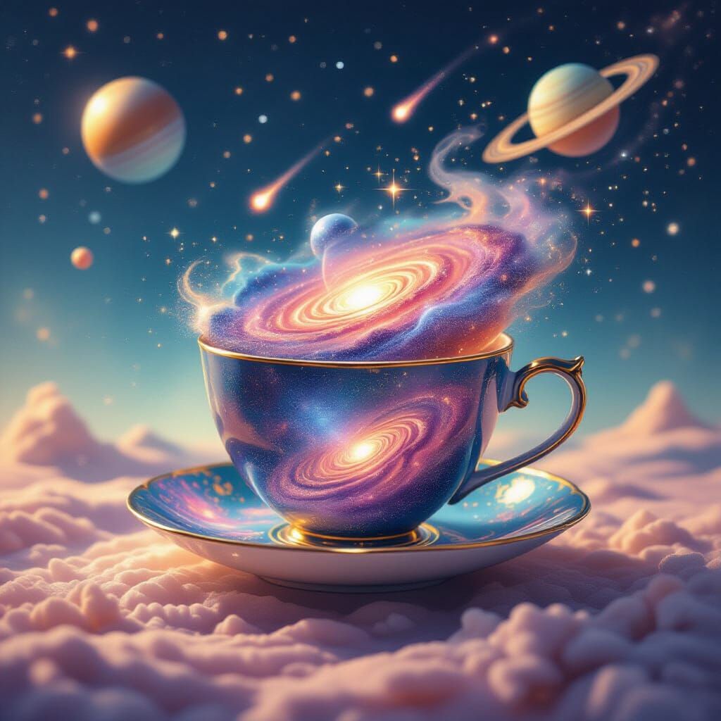 Cosmic Teacup Floating Over Stardust Landscape