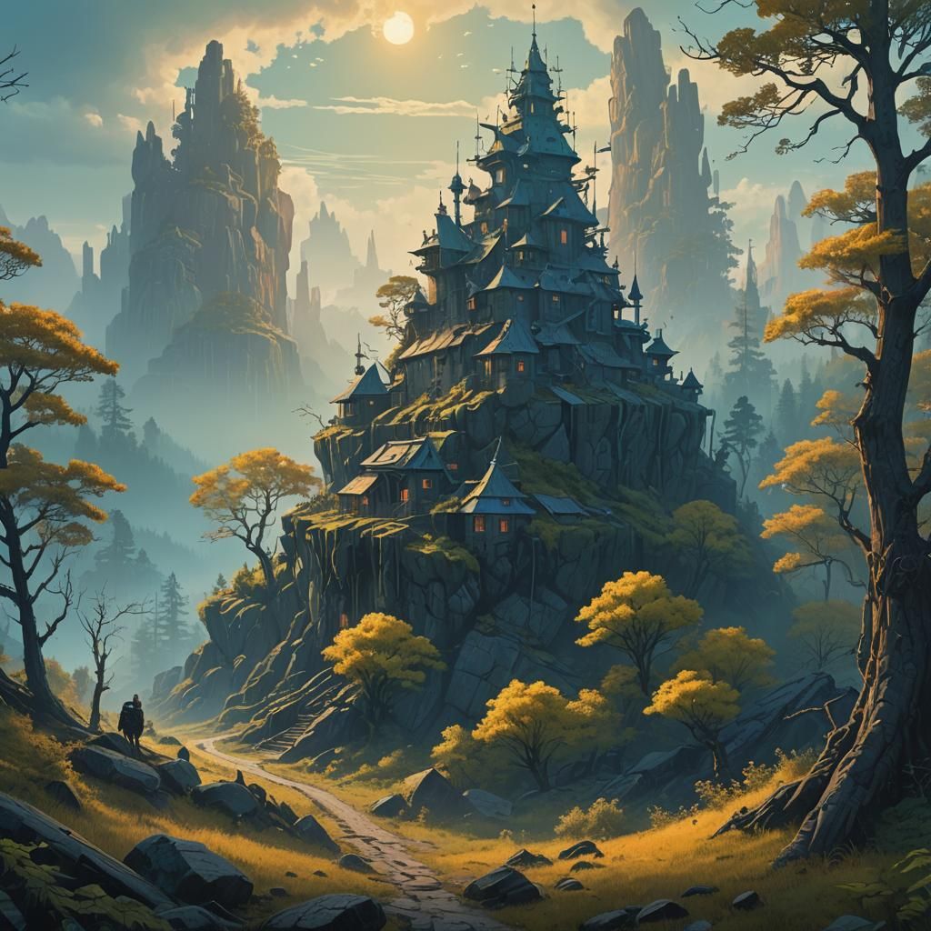Mystical Realm with Fantasy Creatures in Matte Painting Styl...